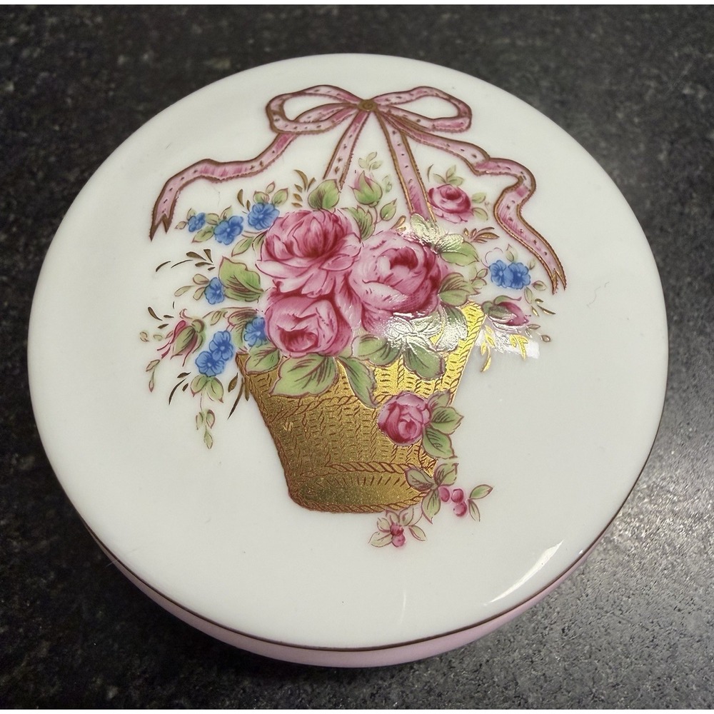 Limoges Castel France‎ Hand Painted Pink Floral Trinket Box Porcelain 3"